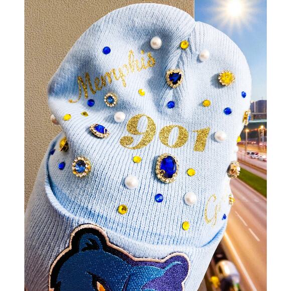 Memphis Grizzlies Beanie Blue design with 901, Rhinestone and Grizz Logo - Picture 7 of 7